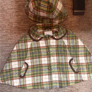 Janie and Jack Green & Cream Plaid Poncho Jacket with Orange Accents